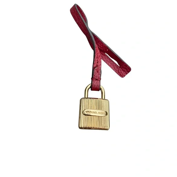 MICHAEL KORS Gold Tone Lock Red Pebbled Leather Strap Fob Bag Charm Hang Tag - Picture 1 of 7